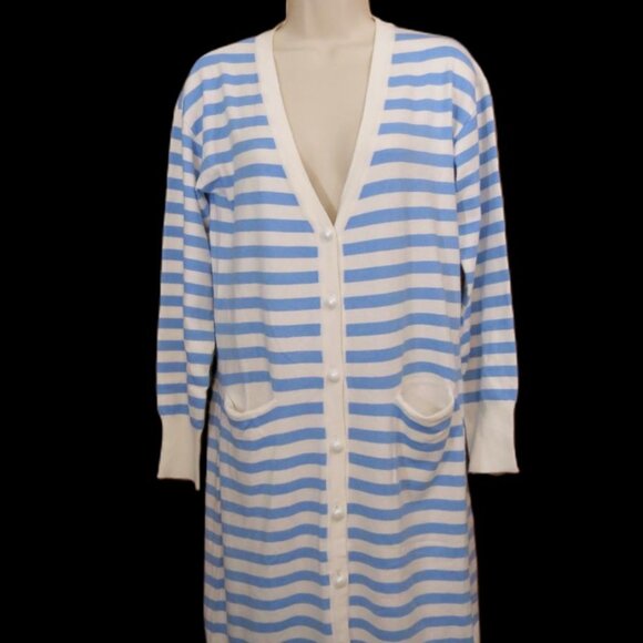 Orly Long Cardigan Sweater Blue/White Stripe Viscose Blend Size Small - Picture 1 of 8